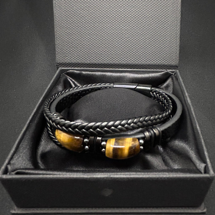 Leather Bracelet Tiger Eye Stone Inlaid Double Layer Black