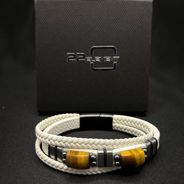 Leather Bracelet Tiger Eye Stone Inlaid Double Layer White