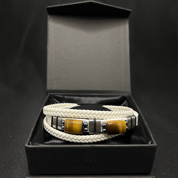 Leather Bracelet Tiger Eye Stone Inlaid Double Layer White