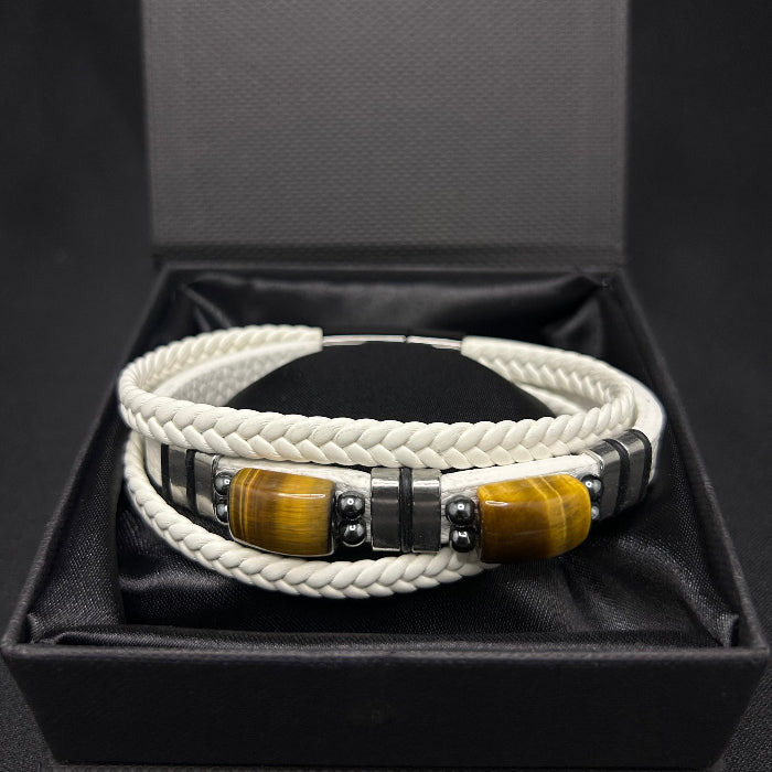 Leather Bracelet Tiger Eye Stone Inlaid Double Layer White