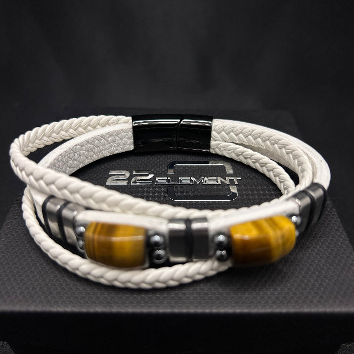 Leather Bracelet Tiger Eye Stone Inlaid Double Layer White