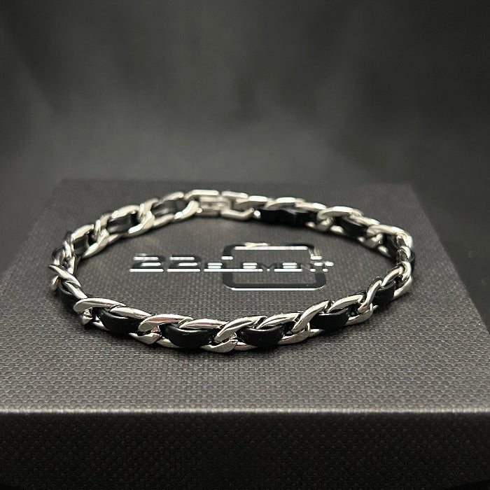Stainless Steel Black Leather Bound Cuban Link Bracelet