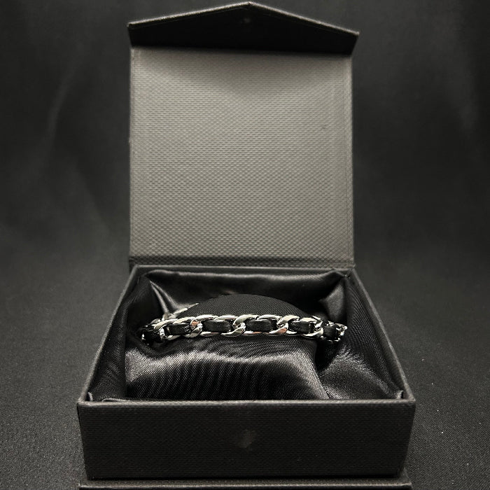 Stainless Steel Black Leather Bound Cuban Link Bracelet