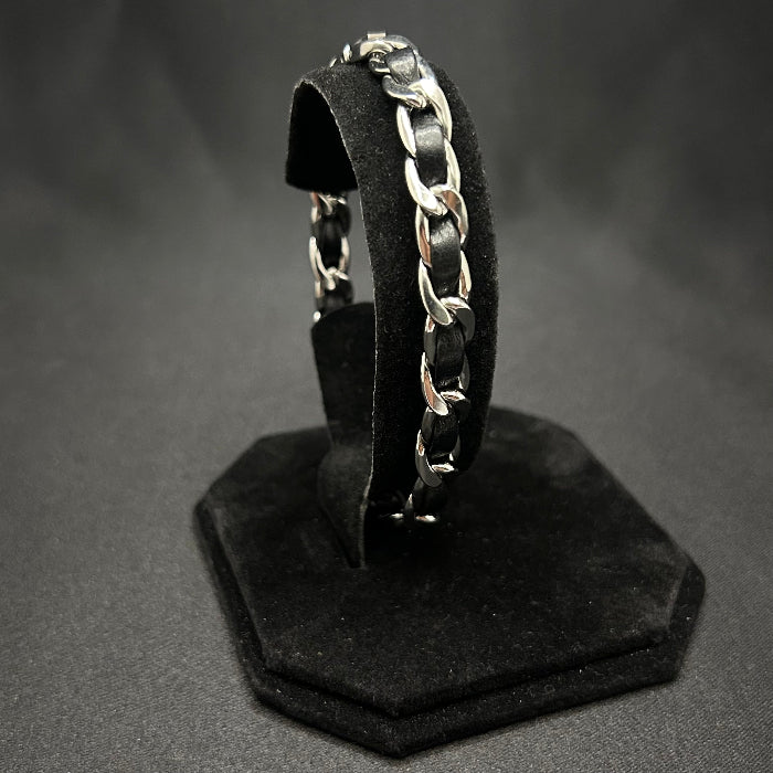 Stainless Steel Black Leather Bound Cuban Link Bracelet