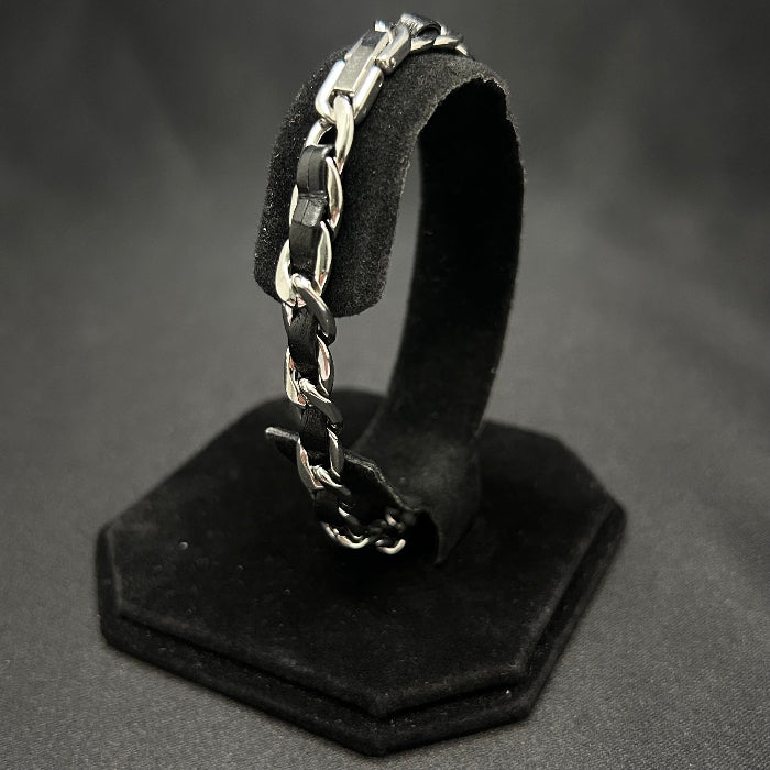 Stainless Steel Black Leather Bound Cuban Link Bracelet