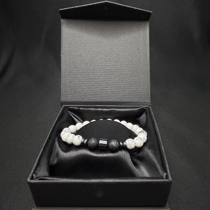 Ceramic White Onyx with Lava Sphere Bracelet