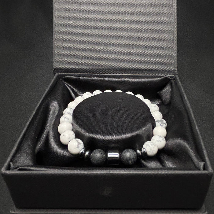 Ceramic White Onyx with Lava Sphere Bracelet