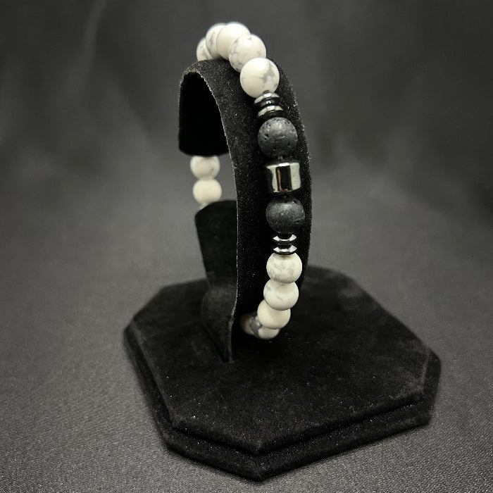 Ceramic White Onyx with Lava Sphere Bracelet