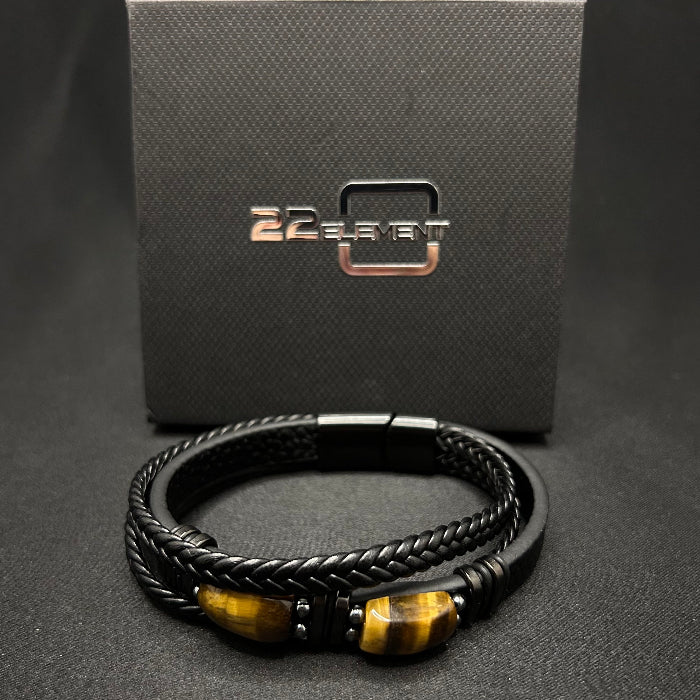 Leather Bracelet Tiger Eye Stone Inlaid Double Layer Black