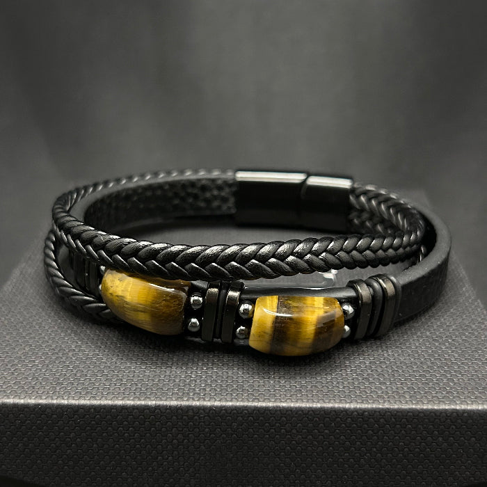 Leather Bracelet Tiger Eye Stone Inlaid Double Layer Black