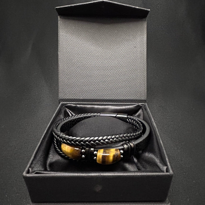 Leather Bracelet Tiger Eye Stone Inlaid Double Layer Black