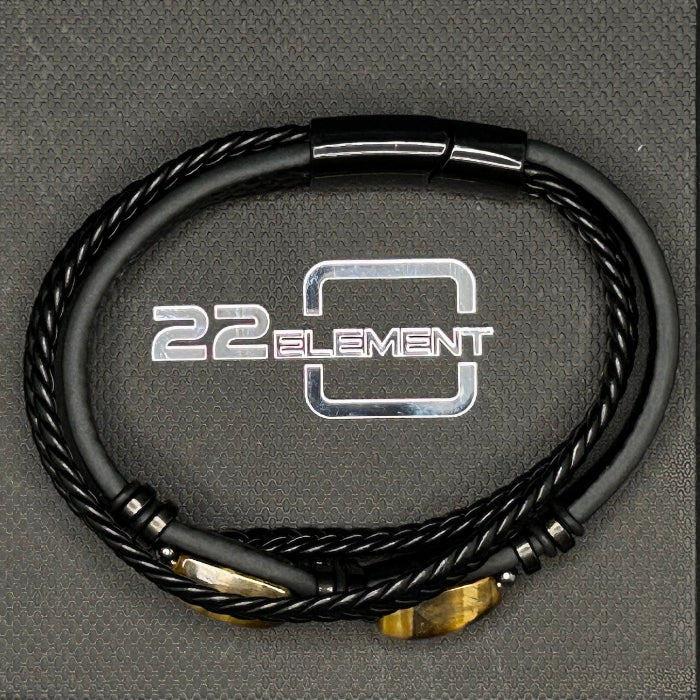 Leather Bracelet Tiger Eye Stone Inlaid Double Layer Black
