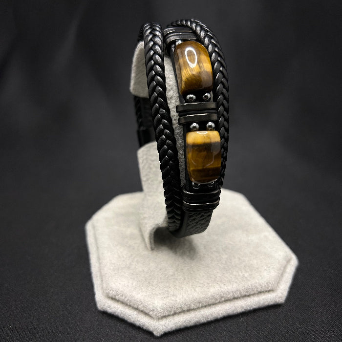 Leather Bracelet Tiger Eye Stone Inlaid Double Layer Black