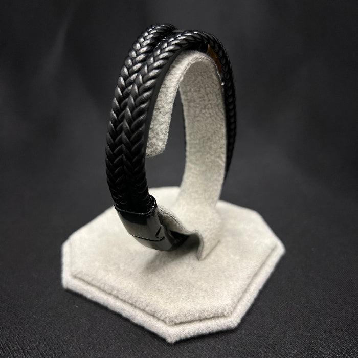 Leather Bracelet Tiger Eye Stone Inlaid Double Layer Black