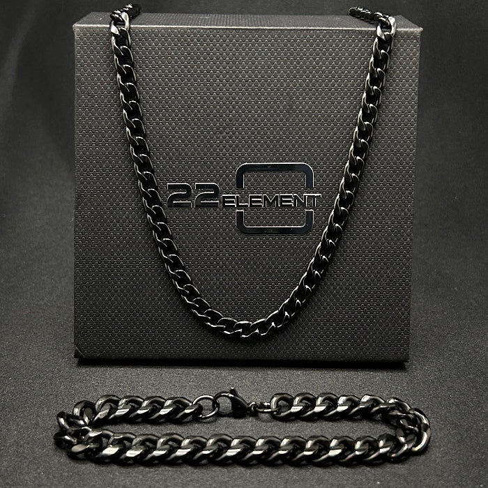 Stainless Steel Cuban Link Necklace & Bracelet Set Black
